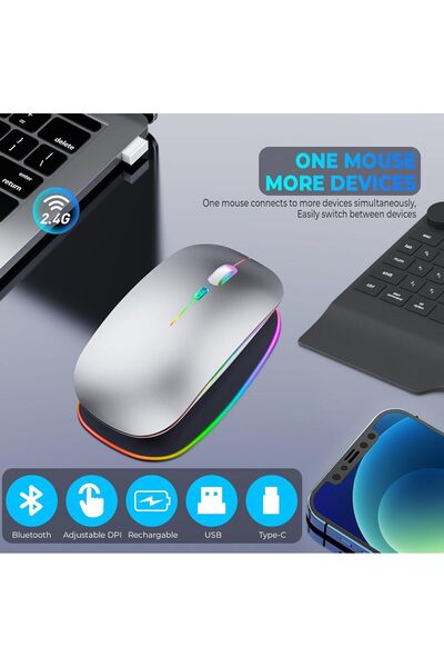 007 GraGra Wireless Rechargeable Bluetooth Laptop Mouse 2.4GHz with 2 USB-A to C Adapters, 800/1600/2400