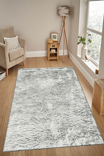 Raschel Carpet Premium Seri Gri Lüks Tavşan Tüyü Kirpi Kaymaz Taban Halı Yoll...