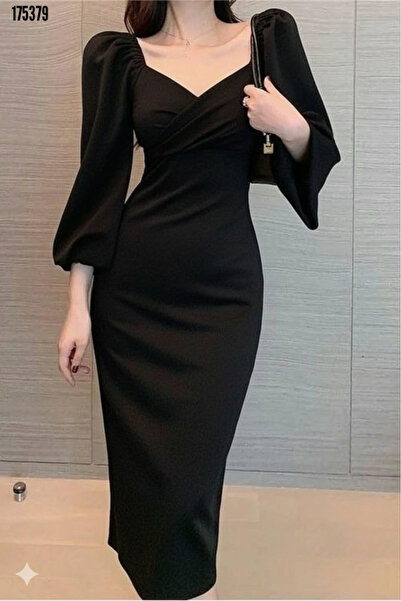 Viyamo Yeni Sezon Kadın İthal Krep Elbise Uzun Kollu Kalp Yakalı Midi Model