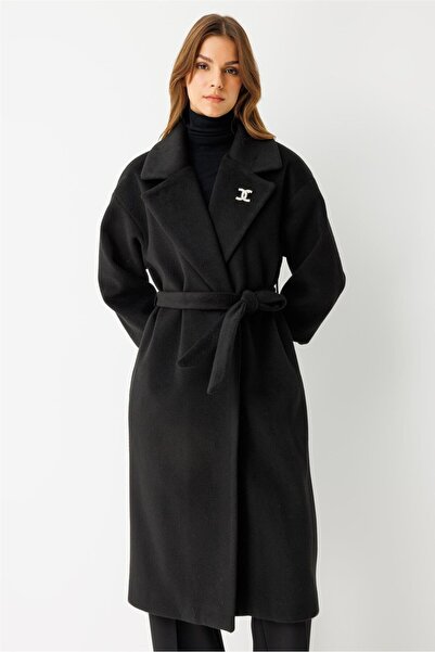 Esswaap Broş Detaylı Ribana Kollu Kaban Siyah