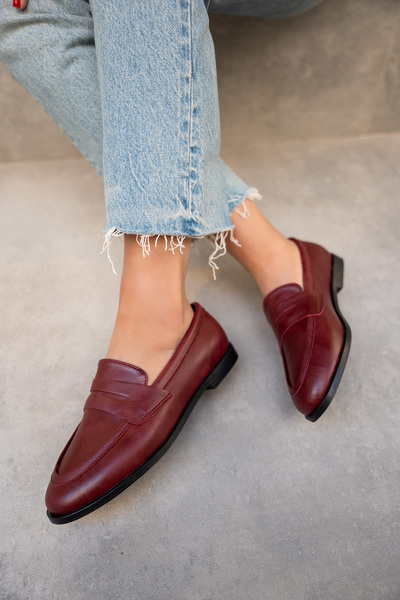 LAMİNTA Desna Burgundy Leather Flat Sole Women's Shoes