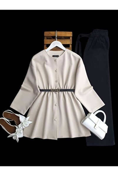 ŞAHİN TESETTÜR GİYİM BELİ LASTİKLİ ÖNÜ DÜĞMELİ TOKALI KEMER HEDİYELİ KISA KAP 3205