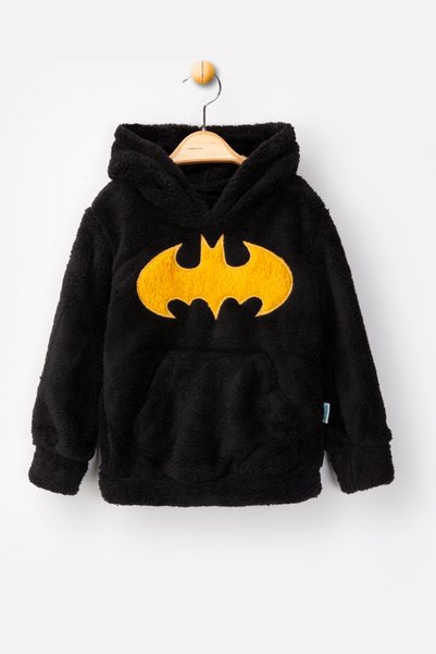 LORIAN'S Welsoft Black Batman Patterned Hooded Soft Plush Zippered Bottom - Top Children's Set