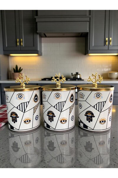 ferayhome Baharatlık Silindir 3 lü Metalli Kahve Köşesi Hamse Desenli 750 ml ...