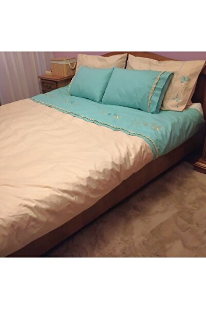 Casa Bucuriei Delight embroidered 6-piece bed linen set for 160x200 cm bed, beige/turquoise, 100% cotton