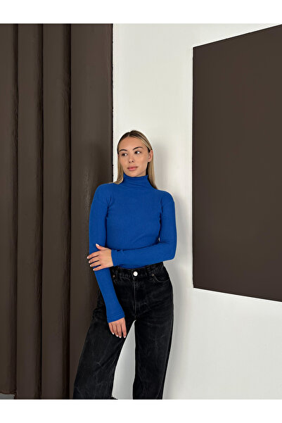 RDK Giyim Pulover unisex din bumbac cu gât înalt albastru cobalt