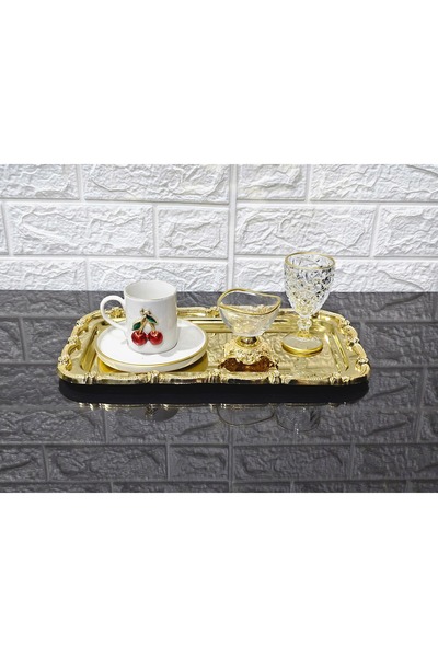 atabey home 1 Piece Full Gold Presentation Tray & Baton Cake Serving Steel Tray with Cast Frame 32 cm