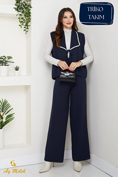 AYMELEK Women's Knitwear Set Shawl Collar Vest Set Pants Set