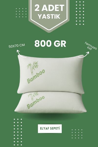 Elyaf Sepeti Set de perne din bambus 2 bucăți cu husă, cu fermoar, lavabilă, din fibre antialergice, 50x70cm 800 gr