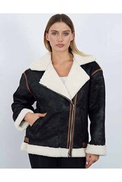 VESS MODA Women's Patterned Soft Leather Piped Detail Oversized Laminated Coa...