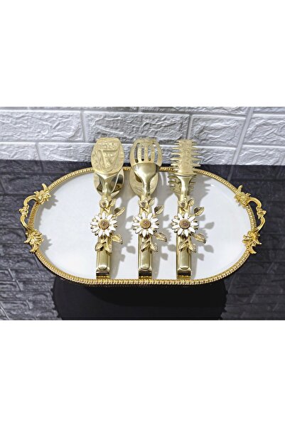 atabey home Gold Serving Tongs Set of 3 White Daisy Pasta/Dessert/Food/Display Tongs Titanium