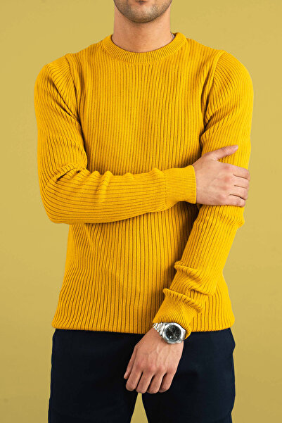 bombe Men's Slim Fit Crew Neck Corded Fabric Knitwear Sweater