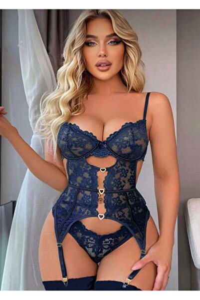 For Dreams Dantelli Kalp Aksesuar Detaylı Jartiyerli Büstiyer Takım