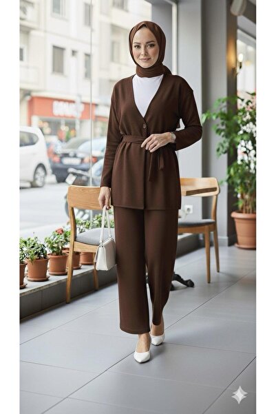 ECEYLÜL MODA Modest Wear Two-Piece Set Tie-Waist Kimono and Wide-Leg Pants Black Casual Stylish Two-Piece Set