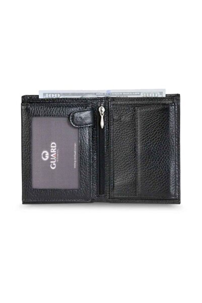 GUARD Black Multi-Compartment Coin Pocket Zippered Vertical Genuine Leather Men's Wallet - Grd251025Wt43