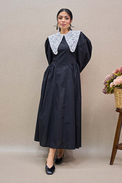 KÜÇÜĞÜM BUTİK Vintage Black Poplin Pleated Mother-Daughter Matching Outfit with Detachable Collar (Sold as Single)