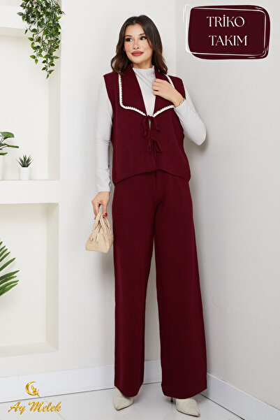 AYMELEK Women's Knitwear Set Shawl Collar Vest Set Pants Set