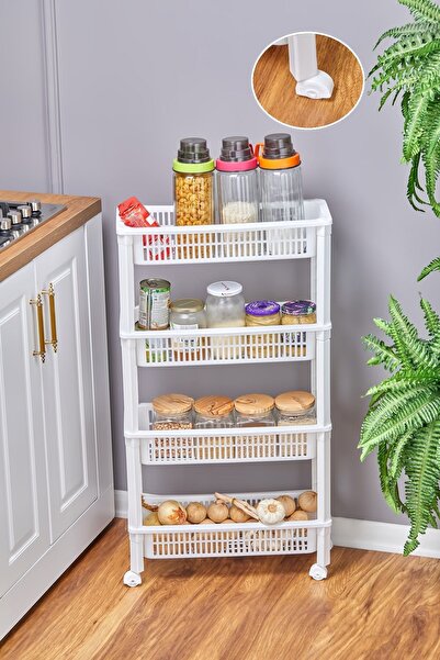 Tugomer Rectangular 4 Tiers Shelving Unit with Wheels White Bathroom Kitchen ...