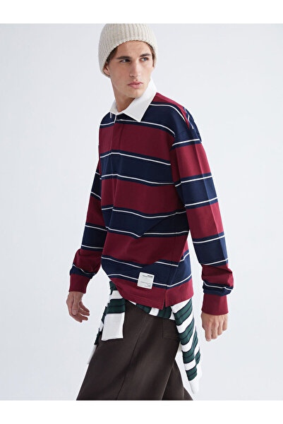 LC Waikiki Burgundy Polo Collar Striped Men's Sweatshirt