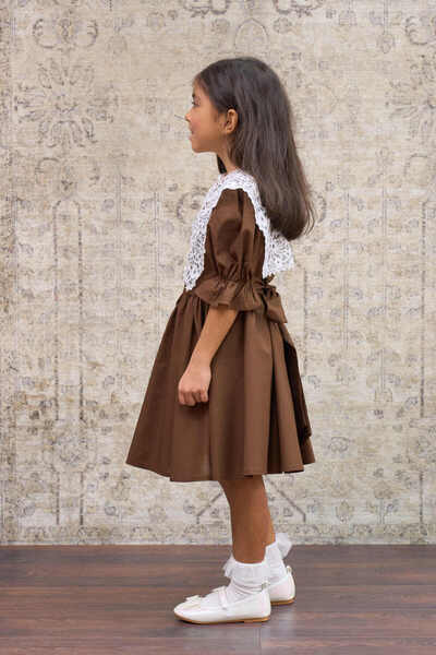 KÜÇÜĞÜM BUTİK Vintage Seyyar Yakalı Acı Kahve Poplin Pileli Anne-Kız Kombini (TEKLİ SATILMAKTADIR)