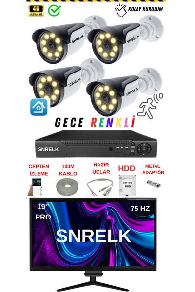 SNRELK 19'' Monitör 5mp Lens 4'Lü Warm Lıght Gece Renkli 320 Gb Güvenlik Kame...