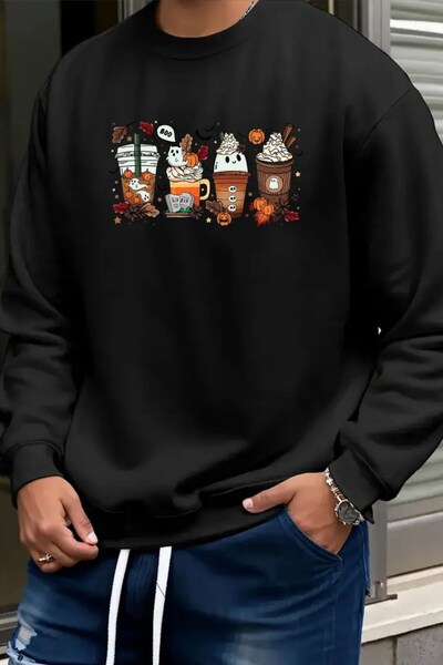The Champ Clothing Men's Oversized Sweatshirt Spooky Latte Printed Black – Crew Neck, 3 Thread Ş Fleece-Lined Fleece