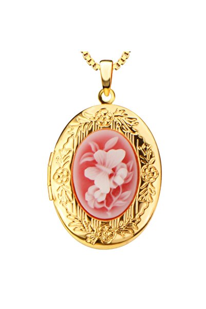 Generic Elegant Gold-Plated Oval Locket Cameo Pendant Necklace for Women