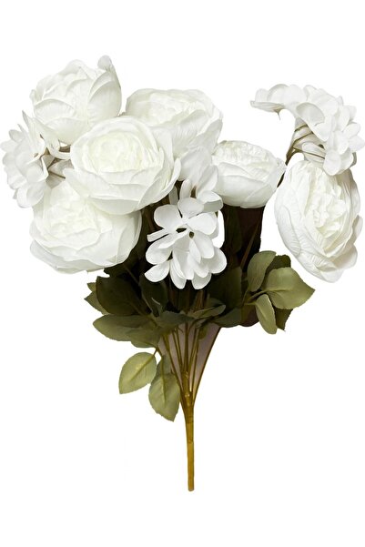 DEFNE DECOR Yapay Çiçek Şakayık Ortancalı Gül Buketi arajmanlı 5li Beyaz