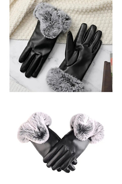 Binnaz Yılmaz Accessories Suni Kürk, Suni Deri Rüzgar Geçirmez İçi Polar Astarlı Dokunmatik Ekran Uyumlu Eldiven