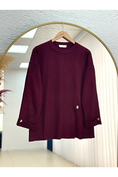 BENAHOLL Celuna άνοιγμα Πλεκτό τουνίκ με κουμπιά στα μανίκια και στο μπροστινό μέρος-KR5005 Βουργουνδία