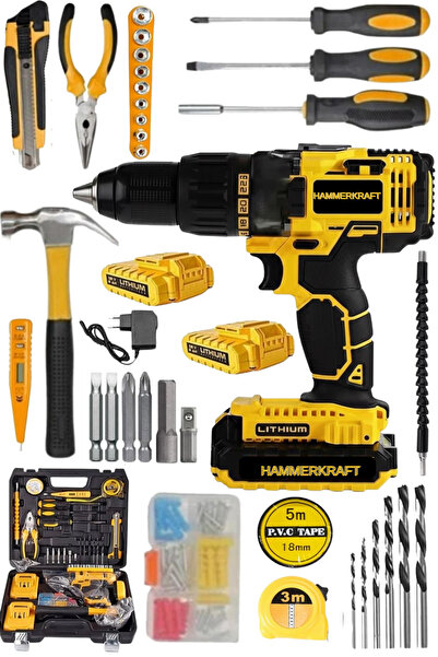 HAMMERKRAFT Alman105 Parça Erkek Çeyiz Takımı Matkap Seti Darbeli Lithium Bat...