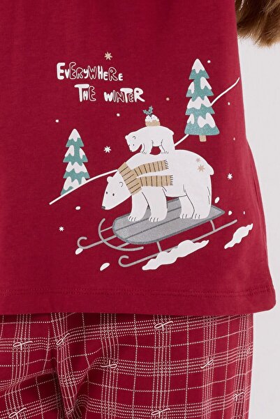 Arnetta 3445g Girls' Burgundy Long Sleeve Winter Themed Waitress Pajama Set
