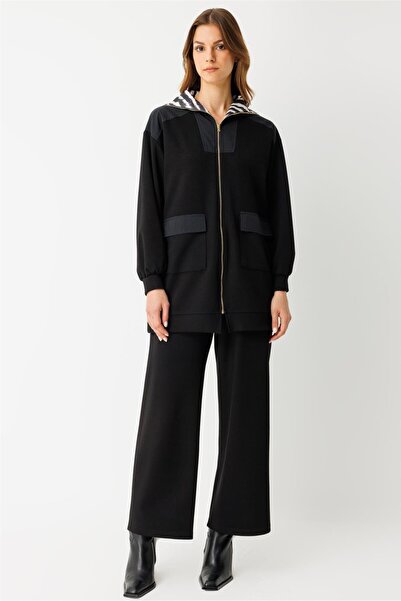 Esswaap Yakası Garnili Pantolonlu Takım Siyah