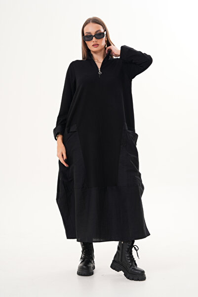 EL jadida Women's Modal Fabric Black Oversized Long Pocket Dress