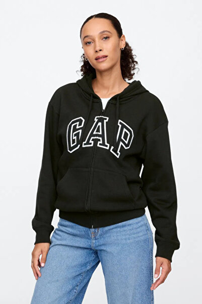GAP Logo Fleece Kadın Fermuarlı Siyah Sweatshirt