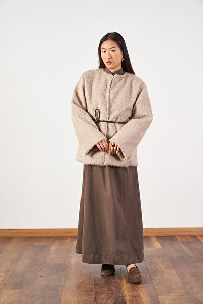 Mevra oversized Μακρύ τζιν φόρεμα με κουμπιά με λαιμόκοψη καφέ