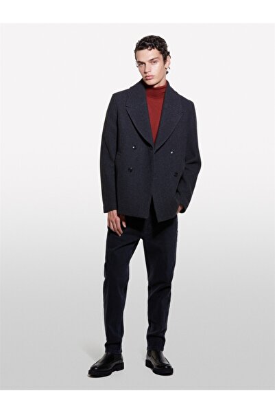 Sisley Yün Karışımlı İki Düğmeli Kırlangıç Yaka Kruvaze Ceket Erkek Siyah Mix Ceket - 324A2UHZSN03J
