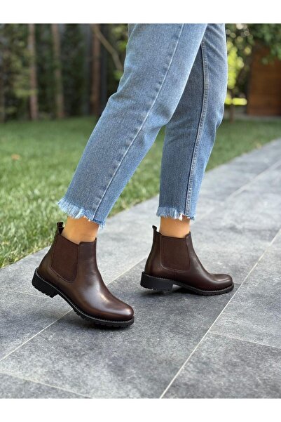 DİVA Καφέ Δερμάτινο Ελαστικά Γυναικεία Μποτάκια Καθημερινά