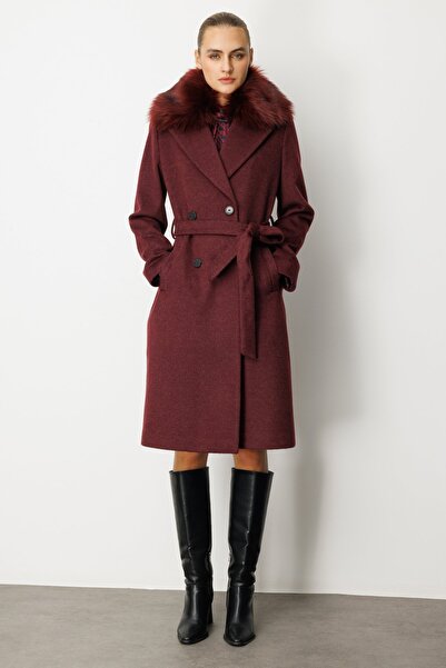 Ekol Sheepskin Collar Waist Belted Coat