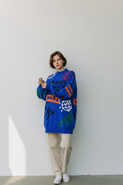 NEWCO Pulover tricotat cu mâneci bufante, cu model pe jumătate înalt, supradimensionat mărime standard