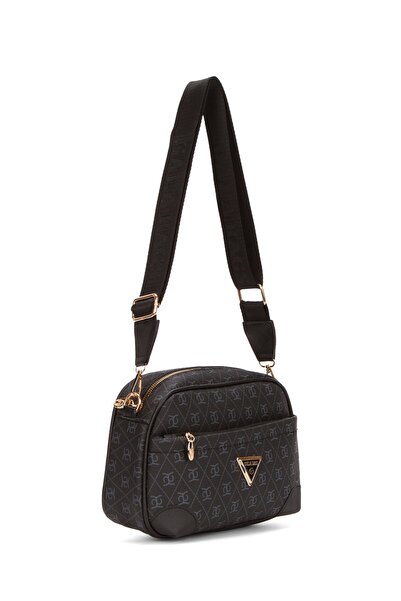 Newish Polo Women's Monogram Patterned Long Strap Crossbody Shoulder Bag 2 Pieces – Black Beige