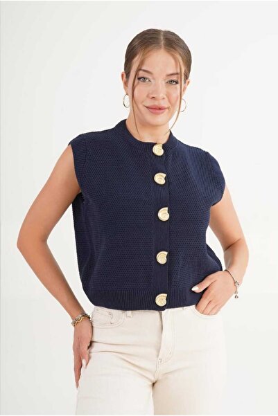 lavanderboutiquee Salyangoz Düğme Sıfır Kol Lacivert Triko Yelek