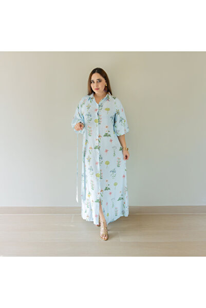 LINELLE فستان نسائي كاجوال - فستان ماكسي بأزرار من مزيج الرايون مطبوع عليه زه...