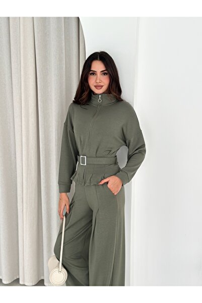 TheyYou Modal Kumaş Fermuarlı Kemerli Şık Günlük Eşofman Takımı / Modal Fabric Zippered Belted Tracksuit Set