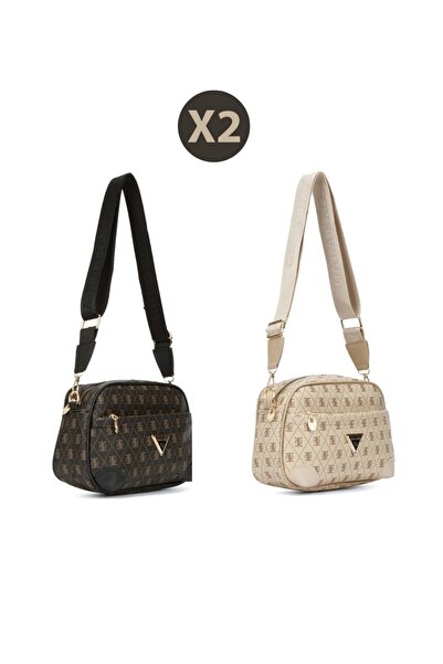 Newish Polo Women's Monogram Patterned Long Strap Crossbody Shoulder Bag 2 Pieces – Brown Beige