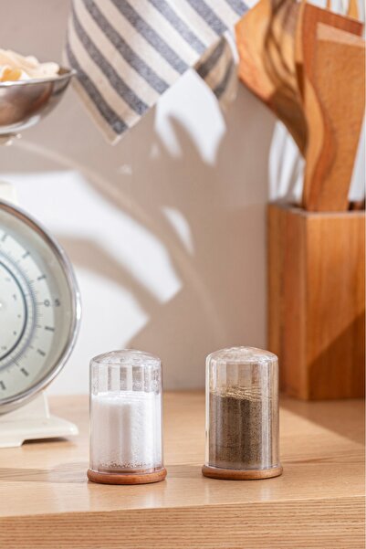 Mutfak Köşesi Tuzzla - Set of 2 Modern Plexiglass Salt Shakers with Wooden Vacuum Lids