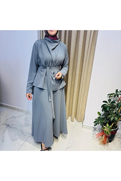 QVARS BUTİK طقم تنورة كريب أنيق TD 3012 بلون أنثراسايت