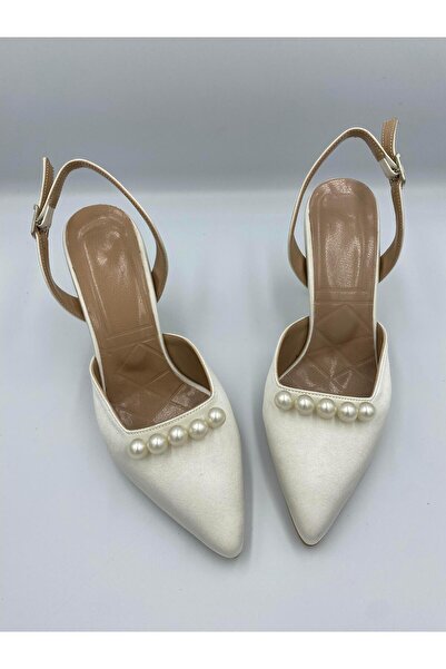 Aslının Butiği İnci Detaylı Saten Slingback Topuklu Ayakkabı