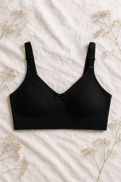 enmodaiçgiyim Black Plus Size Shaping / Sculpting Bra - Cotton, Lace, Wire Free, No Padding, Wide Band, Minimizer