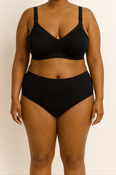 enmodaiçgiyim Black Plus Size Shaping / Sculpting Bra - Cotton, Lace, Wire Free, No Padding, Wide Band, Minimizer